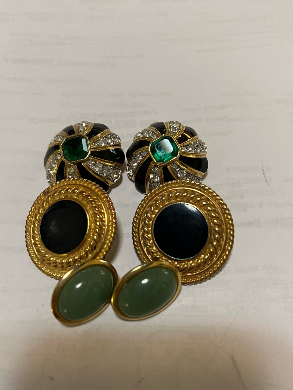 Gold-Tone Drop Earrings with Black Enamel and Green Stones. Clip On